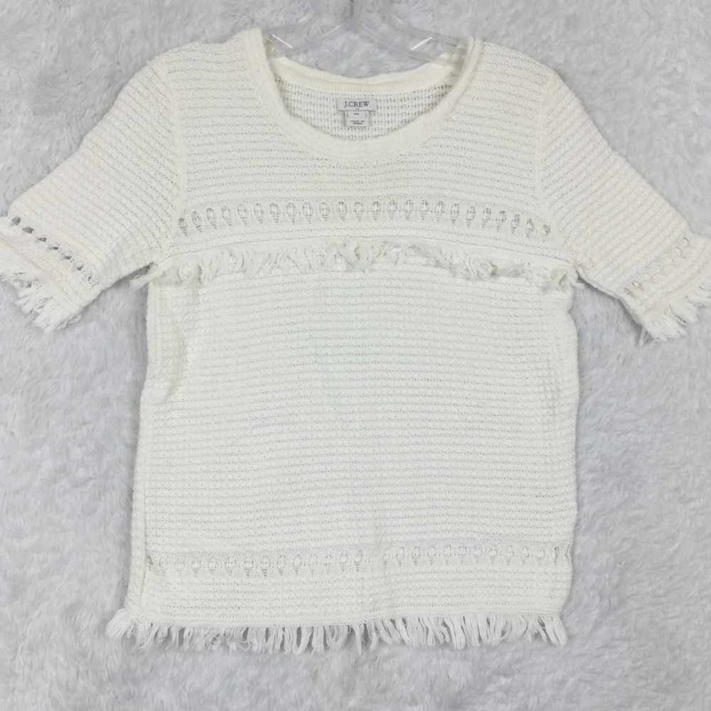 J. Crew Womens Sweater Short Sleeve Ivory Fringe Crochet Knit Pullover‎ XS
